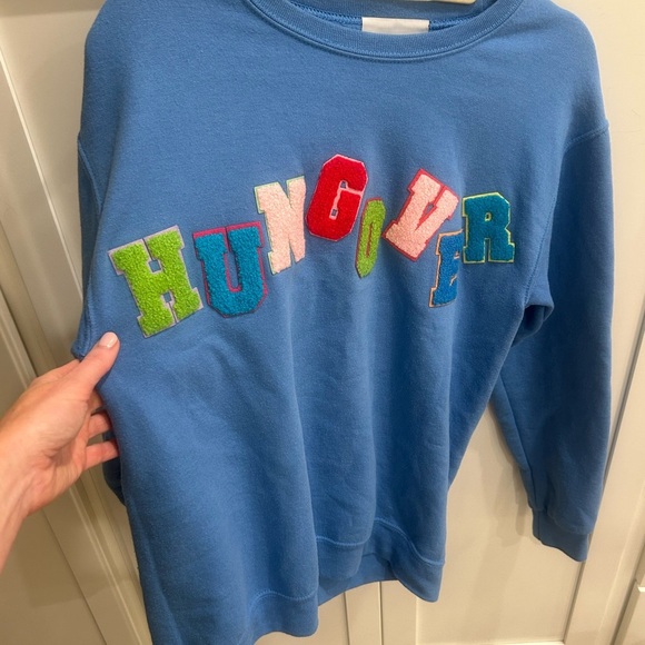 Distressed Vintage Couture small  Sweatshirt Blue Letter Patch Hungover Crewneck - Picture 1 of 5